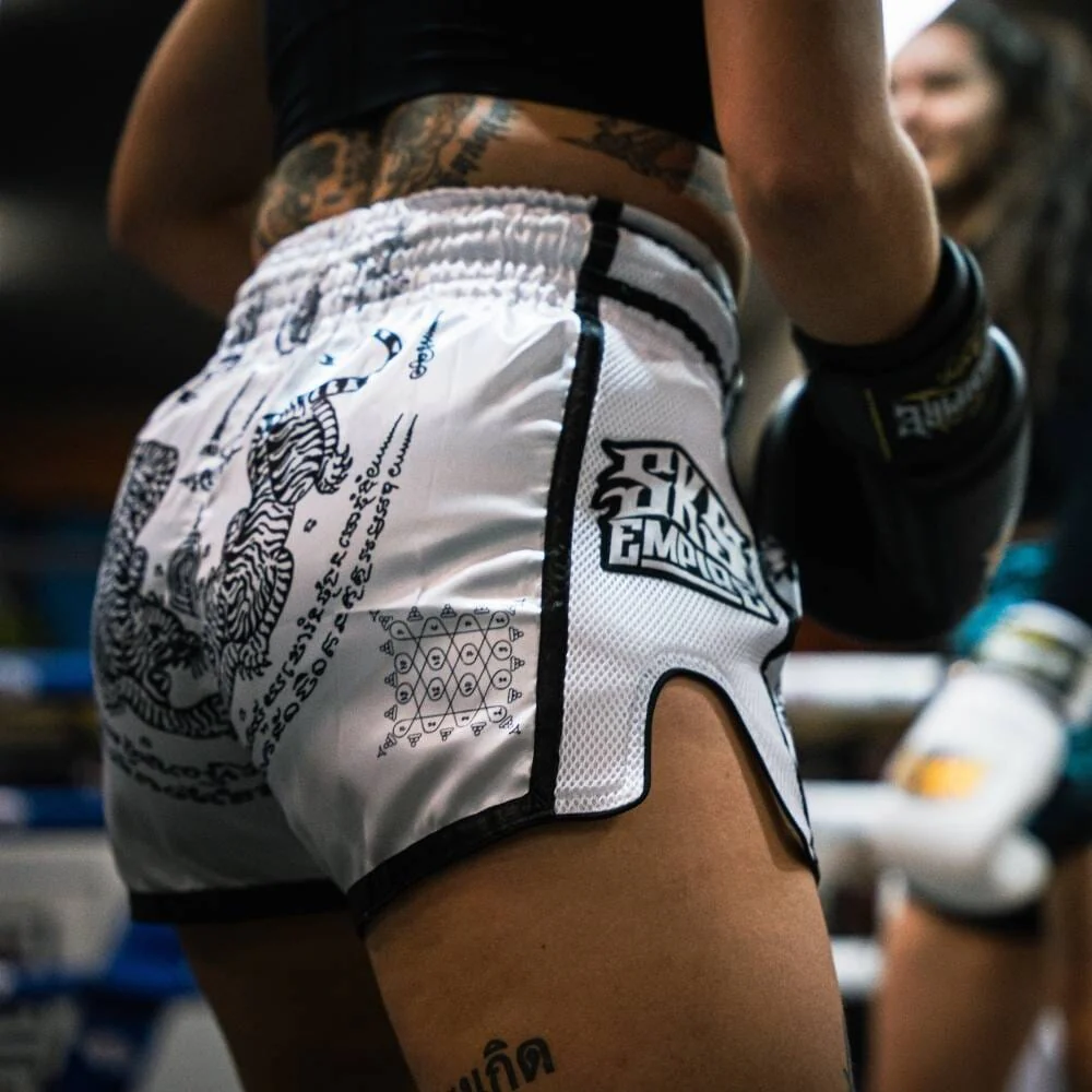 SKS White Sakyant Muay Thai Shorts - Image 2